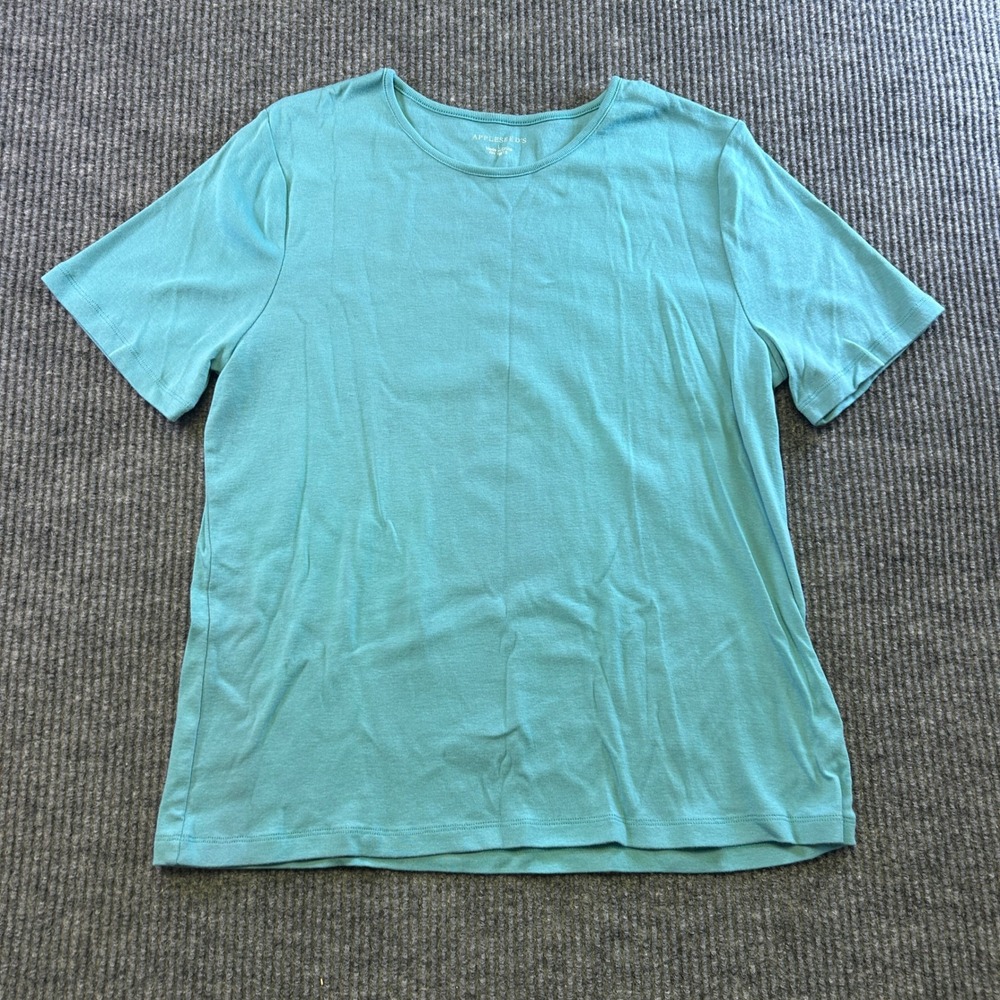 Appleseeds Womens Large Turquoise Blue Short Sleeve Crew Neck Cotton Knit Tee